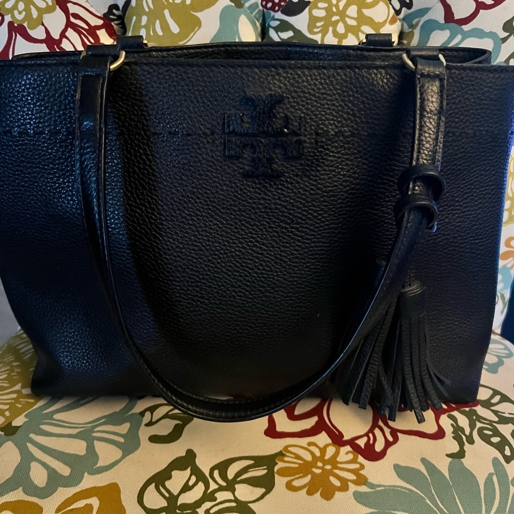 Tory Burch black leather top handle handbag, EUC